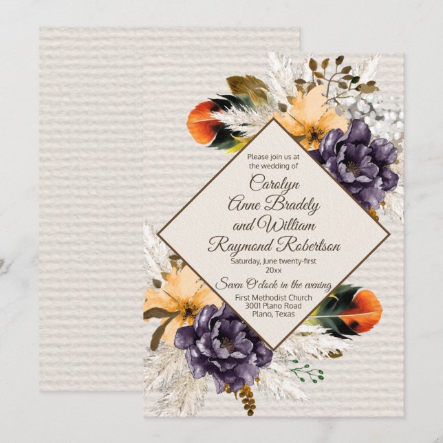 Fall Flowers with Pampas Grass and Feather Wedding Invitation (Front/Back)
