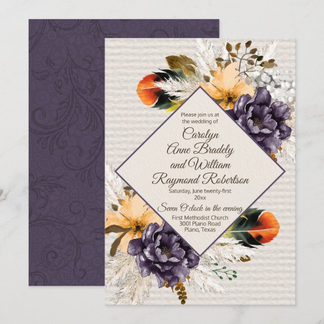 Fall Flowers with Pampas Grass and Feather Wedding Invitation (Front/Back)
