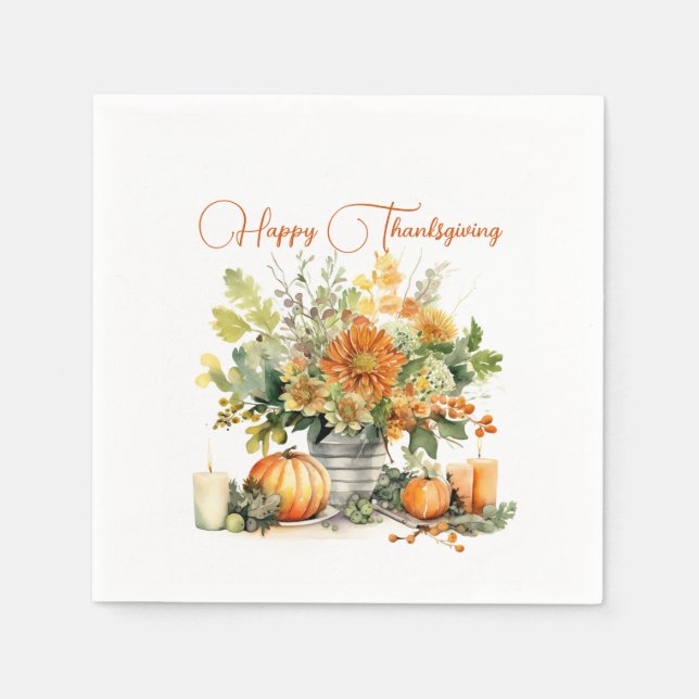 Fall Flowers with Pumpkin, Happy Thanksgiving Napkin (Front)