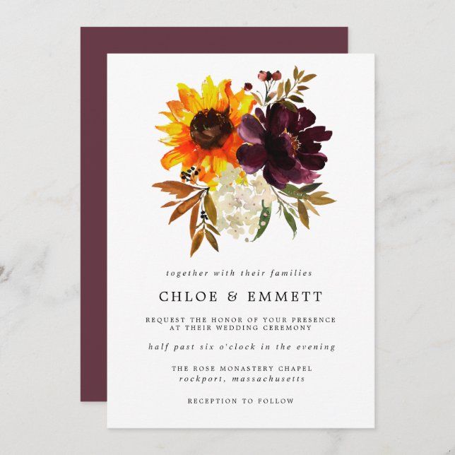 Fall Flowers Yellow Sunflower Purple Peony Wedding Invitation (Front/Back)
