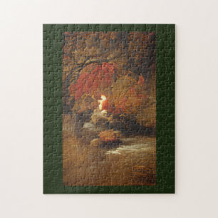 Fall foliage abstract art olive green background jigsaw puzzle