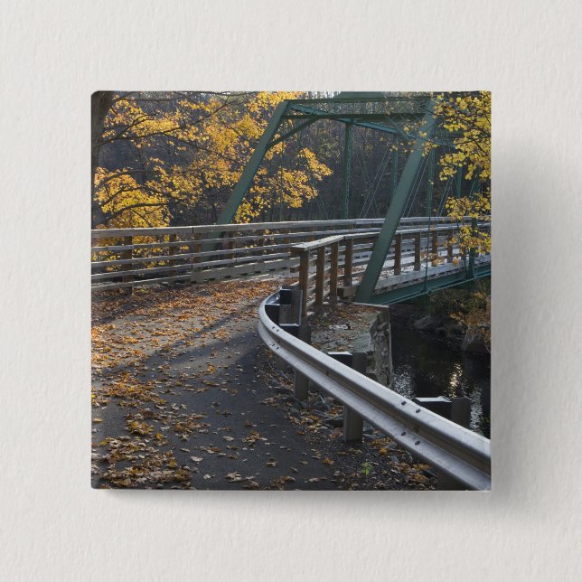 Fall foliage and a bridge over the Millers 2 Inch Square Button (Front)
