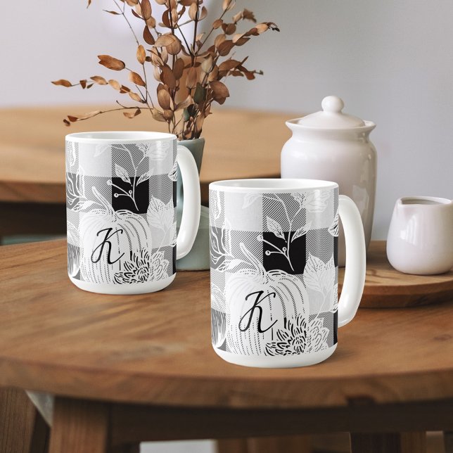 Fall Foliage Autumn Flowers & Pumpkins Black Plaid Coffee Mug (Fall Foliage Autumn Flowers & Pumpkins Black Plaid Coffee Mug
)