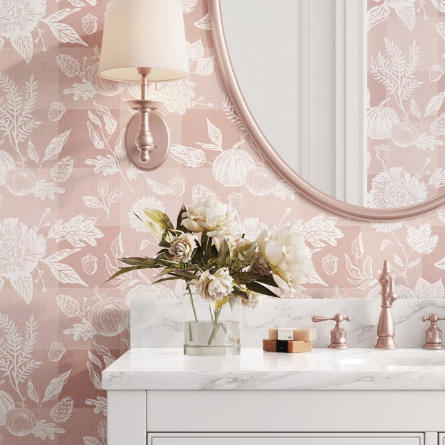 Fall Foliage Autumn Flowers & Pumpkins Pink Plaid  Wallpaper (Fall Foliage Autumn Flowers & Pumpkins Pink Plaid Wallpaper)