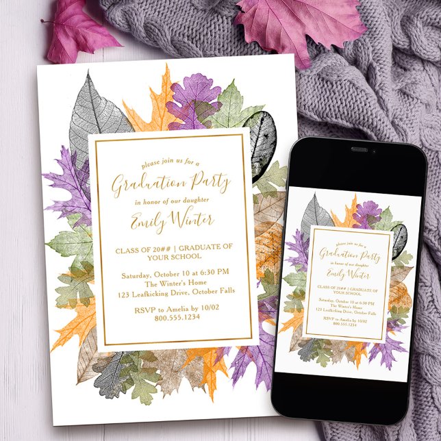 Fall Foliage Autumn Leaves Gold Script Graduation Invitation (Fall Grad Party Invitation with autumn leaves to order printed or as a printable download)