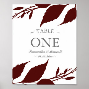 Fall Foliage Burgundy Leaves Table Number Poster