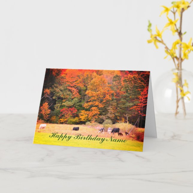 Fall Foliage Cows Field Personalized Birthday Card (Yellow Flower)