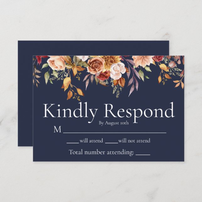 Fall Foliage Floral Navy Blue Wedding RSVP Card (Front/Back)
