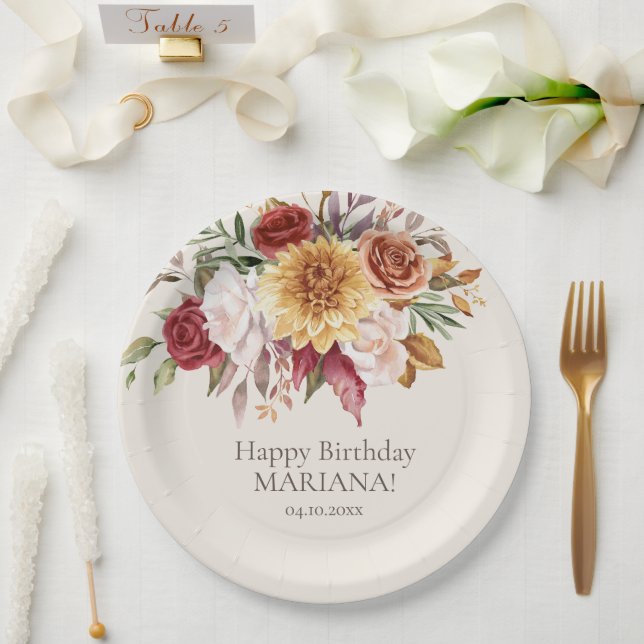 Fall Foliage Flowers Ivory Birthday Party Paper Plate (Wedding)