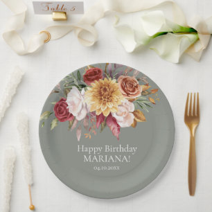 Fall Foliage Flowers Sage Green Birthday Party Paper Plate