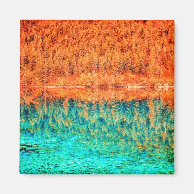 Fall foliage orange blue green autumn tree water magnet (Front)