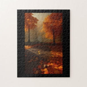 Fall foliage orange golden leaves lane through  jigsaw puzzle