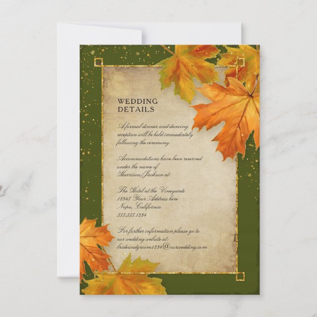 Fall Foliage Orange Green Rustic Wedding Details Invitation (Front)
