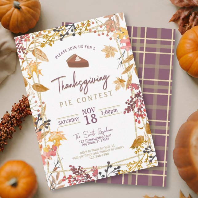 Fall Foliage & Plum Plaid Thanksgiving Pumpkin Pie Invitation (Creator Uploaded)