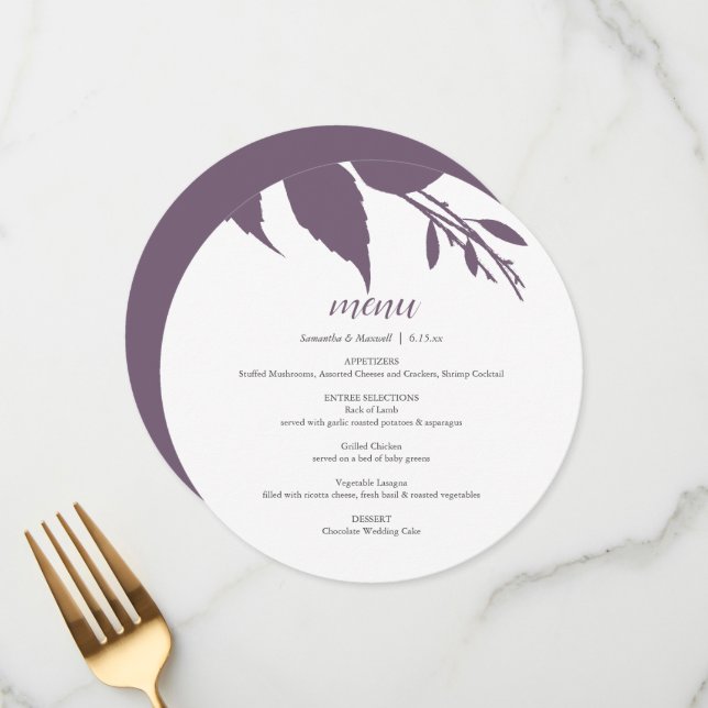 Fall Foliage Plum Purple Round Menu Card (Front/Back In Situ)