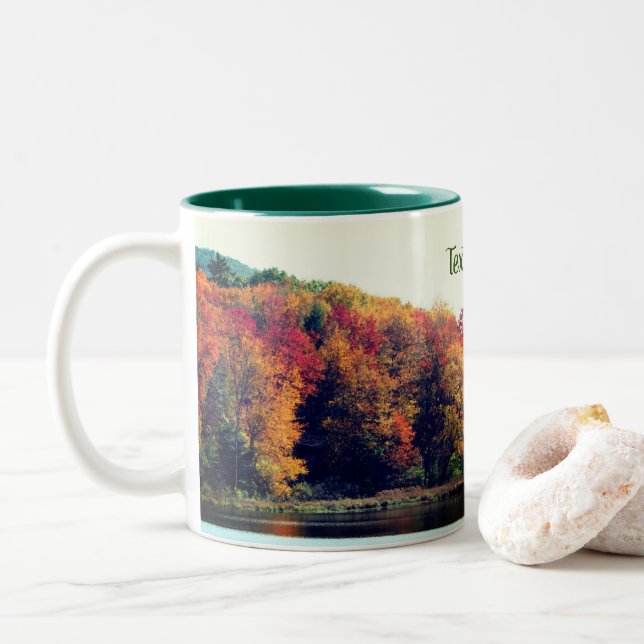 Fall Foliage Pond Nature Personalized Two-Tone Coffee Mug (With Donut)