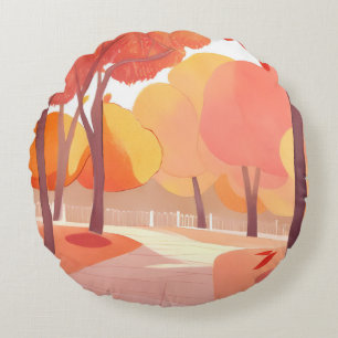 Fall Foliage Stroll   Abstract Watercolor Round Pillow
