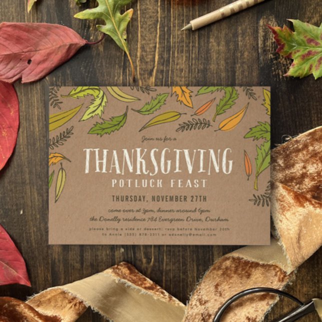 Fall Foliage Thanksgiving Potluck Dinner Invitation (falling leaves illustrated rustic thanksgiving dinner invitation with brown, green and orange )