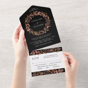 Fall Foliage Watercolor Wreath Wedding Black All In One Invitation