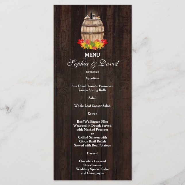 Fall Foliage Wine Barrel Vineyard Wedding Menu (Front)