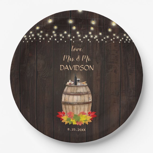 Fall Foliage Wine Barrel Vineyard Wedding Paper Plate (Front)