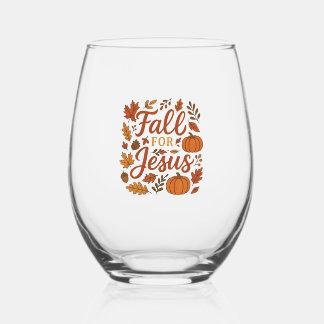 Fall For Jesus Autumn Pumpkin Christian Faith Clas Stemless Wine Glass
