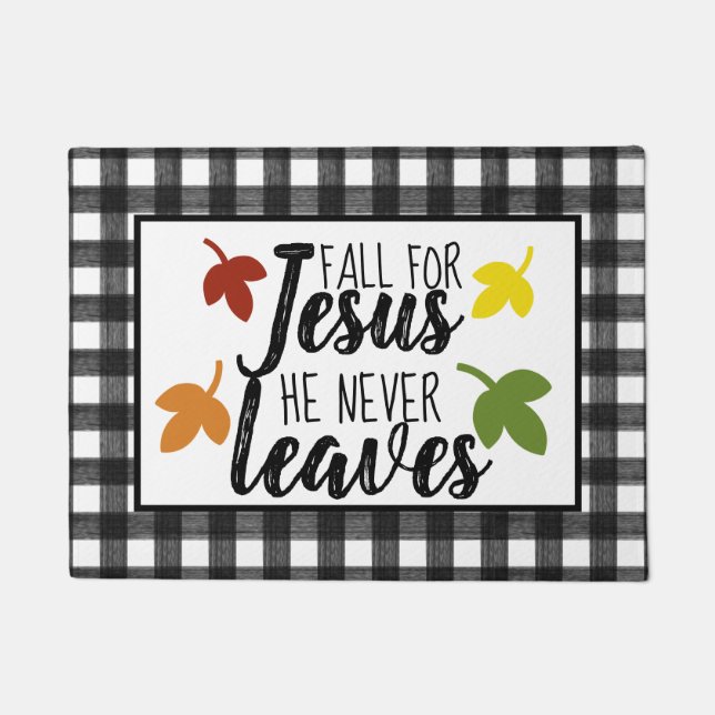 Fall For Jesus Black Buffalo Plaid Farmhouse Doorm Doormat (Front)