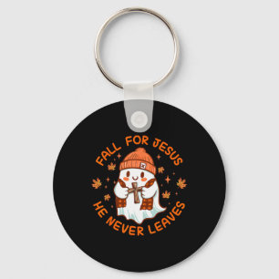 Fall For Jesus He Never Leave Cute Ghost Retro Hal Keychain