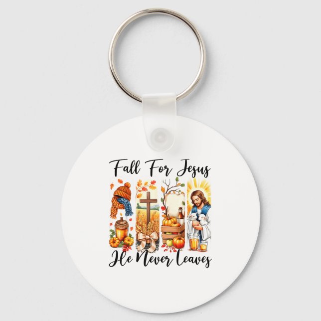 Fall For Jesus He Never Leaves Autumn Christan Men Keychain (Front)