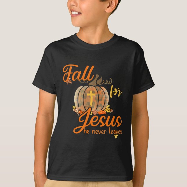 Fall For Jesus He Never Leaves Leopard Pumpkin Chr T-Shirt (Front)