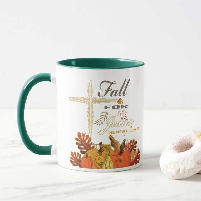 Fall for Jesus he never leaves Mug (With Donut)