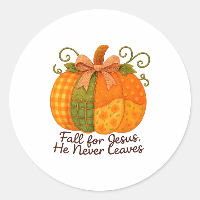 Fall For Jesus He Never Leaves Pumpkin Autumn Chri Classic Round Sticker (Front)