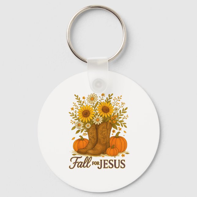 Fall For Jesus Western Boots Pumpkin Floral Faith  Keychain (Front)