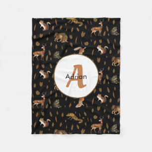 Fall Forest Animals Autumn Leaves Monogram Fleece Blanket