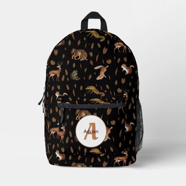 Fall Forest Animals Autumn Leaves Monogram  Printed Backpack (Front)