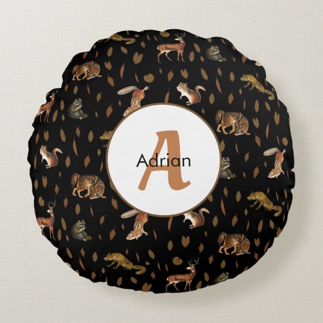 Fall Forest Animals Autumn Leaves Monogram Round Pillow (Front)