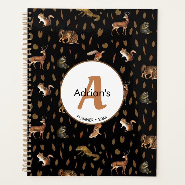 Fall Forest Animals Autumn Leaves Monogram School Planner (Front)