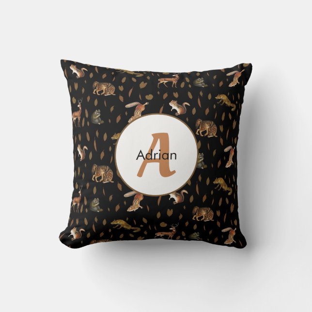 Fall Forest Animals Autumn Leaves Monogram  Throw Pillow (Front)