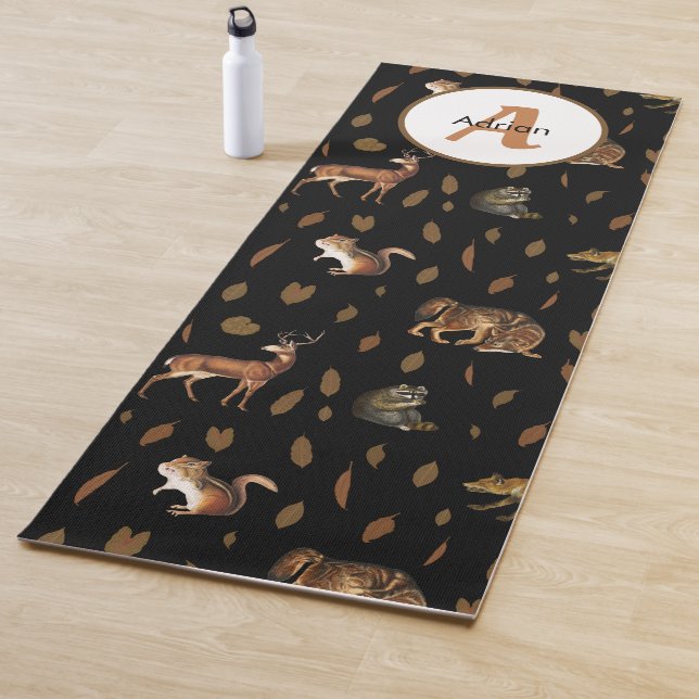 Fall Forest Animals Autumn Leaves Monogram Yoga Mat (In Situ)