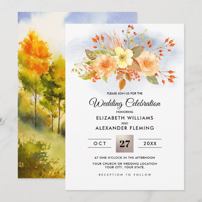 Fall Forest | Autumn Bouquet Watercolor Wedding Invitation (Front/Back)