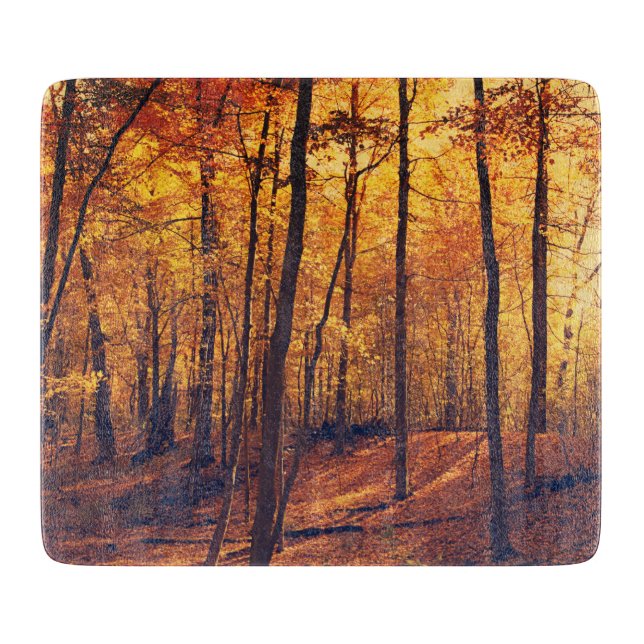 Fall Forest Autumn Leaves Nature Sunlit Trees Cutting Board (Front)