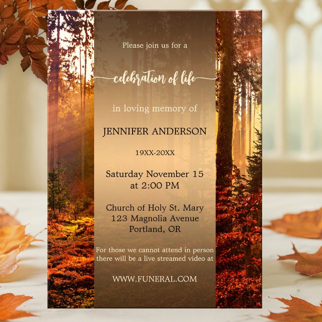 Fall Forest Celebration of Life Memorial Invitation (Memorial, funeral or celebration of life service invitation featuring a colorful autumn forest)