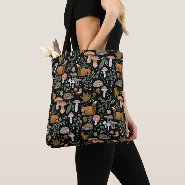Fall forest forager autumn mushrooms  & animals tote bag (Close Up)