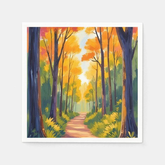 Fall Forest Path | Autumn Foliage Watercolor Napkin (Front)