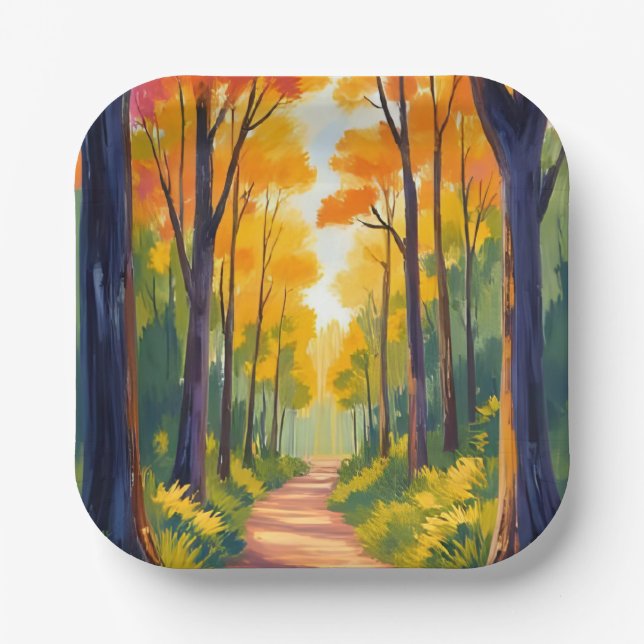 Fall Forest Path | Autumn Foliage Watercolor Paper Plate (Front)