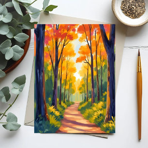 Fall Forest Path   Autumn Foliage Watercolor Postcard