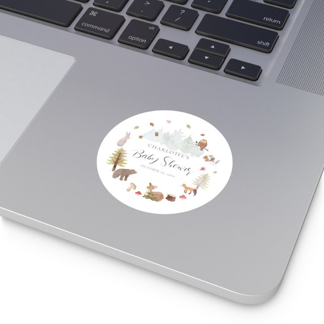 Fall Forest Woodland Animals Baby Shower Classic Round Sticker (Rustic Fall Woodland Animals Baby Shower Round Sticker)