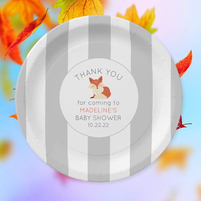 Fall Fox baby shower decor, neutral grey stripe Paper Plate (Creator Uploaded)