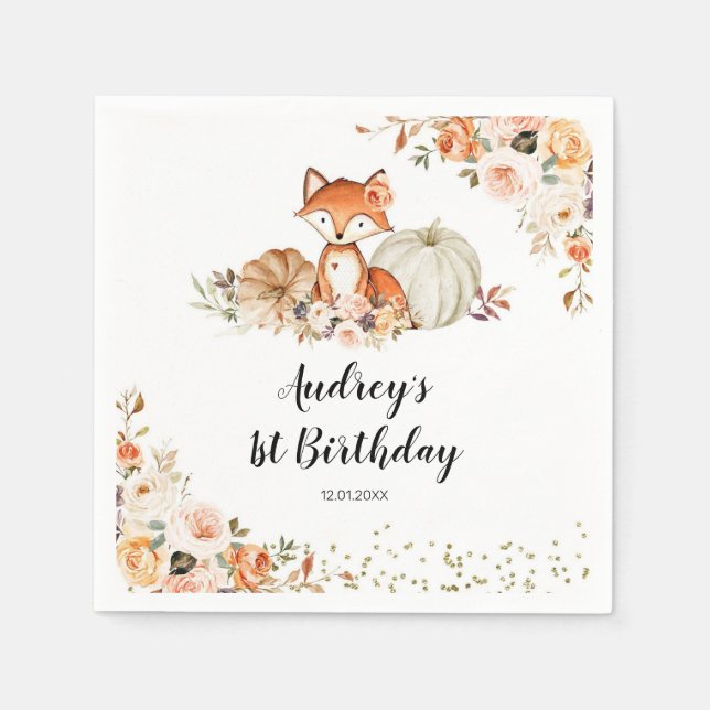 Fall Fox She Is a Wild One Birthday Napkins (Front)