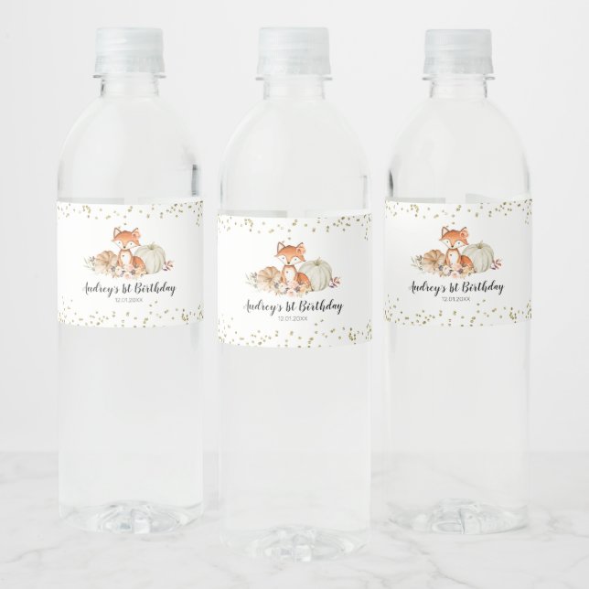 Fall Fox She's a Wild One Birthday Water Bottle Label (Bottles)
